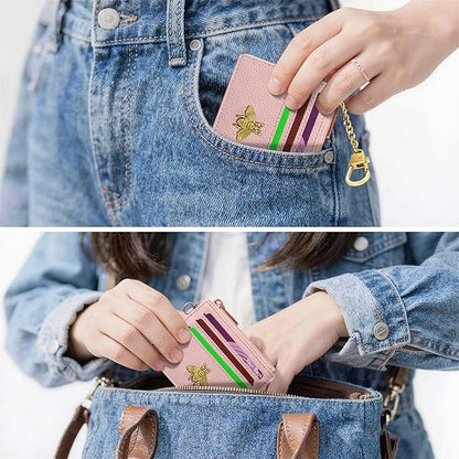 SEAVILIA Card Holder Keychain Wallet for Women with ID Window RFID Blocking Coin Purse Bee Gifts Slim Minimalist Small PU Leather