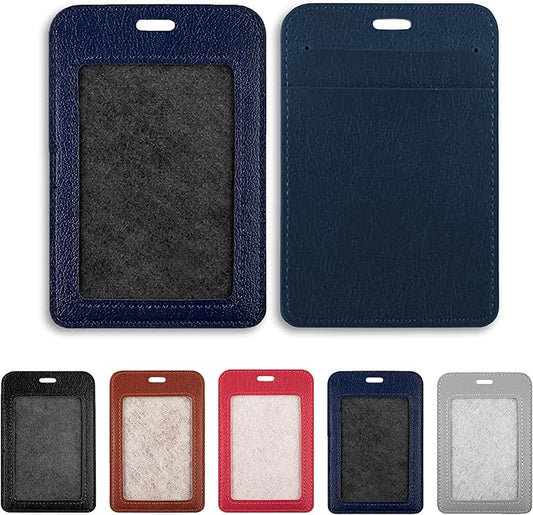 2 Pcs Leather ID Badge Holders, Vertical, Blue, Multiple Card Slots for Offices, Staff, Students, Employees