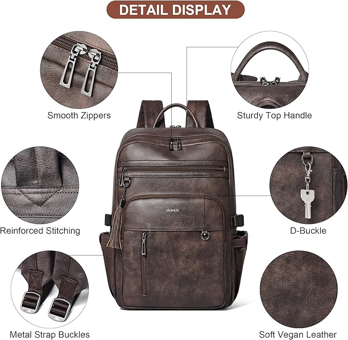 Shrrie Vegan Leather Laptop Backpack for Women,17 Inch Computer Backpack Purse for Work Business College Travel Teacher Nurse with Anti-theft Pocket & Giant Tumbler Holder Pocket,Chocolate