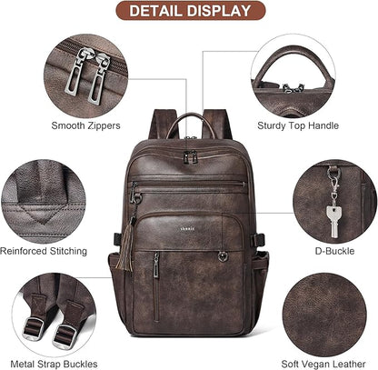 Shrrie Vegan Leather Laptop Backpack for Women,17 Inch Computer Backpack Purse for Work Business College Travel Teacher Nurse with Anti-theft Pocket & Giant Tumbler Holder Pocket,Chocolate
