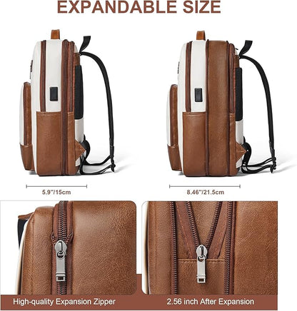Shrrie Leather Laptop Backpack for Women and Men,28 L Travel Backpack Computer Bag Fits 16 inch Laptop,Expandable Casual Daypack with USB Port for Work Business Weekender College,Beige with Brown