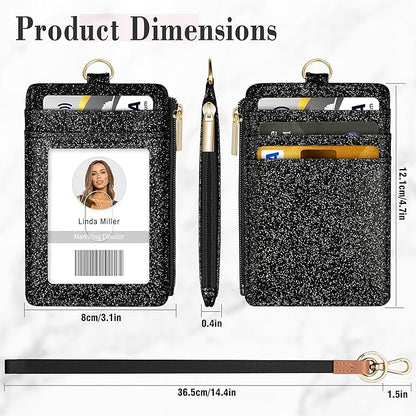 ID Badge Holder with Lanyard, Vertical Bling Shiny ID Badge Card Holder with 1 Clear ID Window, 4 Credit Card Slots, 1 Cash Coin Slot and a Detachable Neck Lanyard (Bling Black)