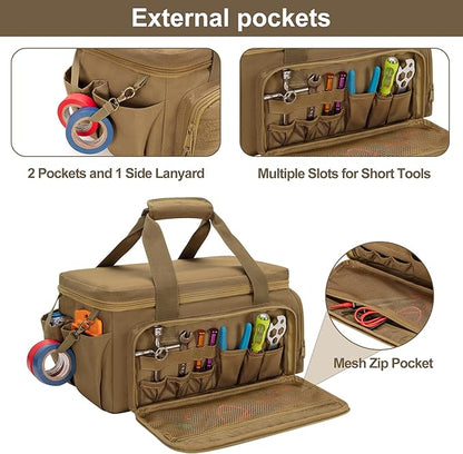 Rexmica 14-Inch Tool Bag with Anti-friction Bottom, Hand Tool Storage Organizer for Men, Tactical Range Bag, Multi-purpose Work Tote for Repairman, Carpenters, Handyman, Khaki