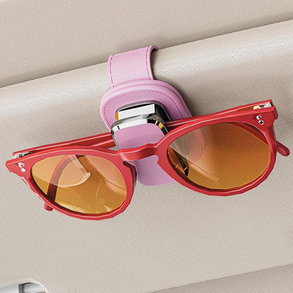 Sunglass Holder for Car Visor, One-Handed Operation Leather Sunglasses Clip with Soft Padding, Auto-Clamping Eyeglasses Organizer for Sun Visor, Universal Car Accessories (Pink)