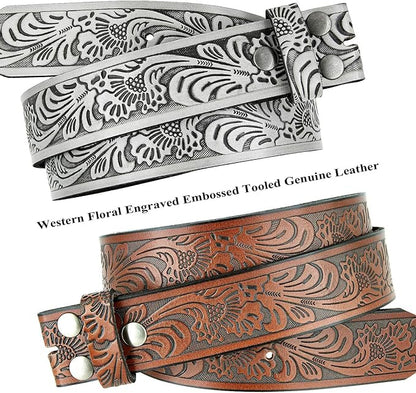Western Floral Engraved Embossed Tooled Genuine Leather Belt Strap or Belt 1-1/2"(38mm) Wide, Multi-Style Options