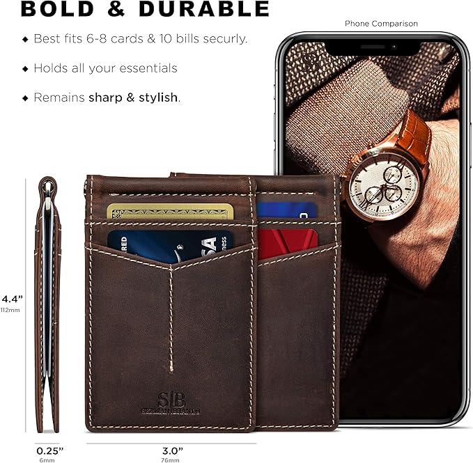 SERMAN BRANDS RFID Blocking Wallet Slim Bifold - Genuine Leather Minimalist Front Pocket Wallets for Men with Money Clip Gift