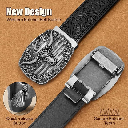 Cowboy Western Ratchet Belt for Men Women with Automatic Western Buckle, Ratchet Cowboy Leather Belt for Jeans Gifts
