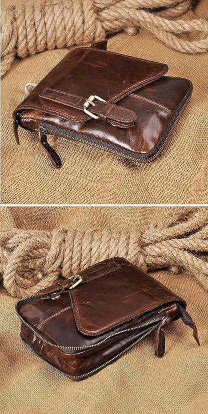 Le'aokuu Mens Genuine Leather Small Messenger Shoulder Satchel Phone Pouch Belt Waist Bag Pack