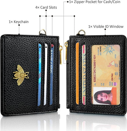 SEAVILIA Card Holder Keychain Wallet for Women with ID Window RFID Blocking Coin Purse Bee Gifts Slim Minimalist Small PU Leather