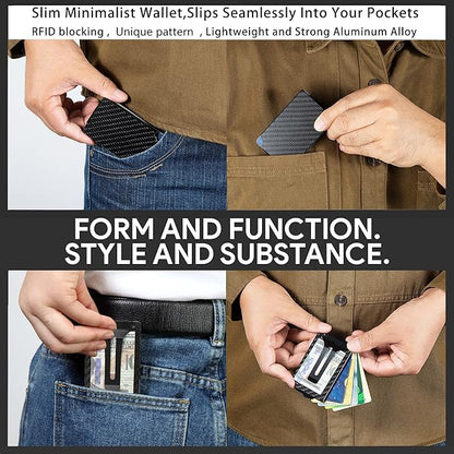 Minimalist Carbon Fiber Wallet for Men, Money Clip Cash Strap Wallet, RFID Blocking Metal Wallet Aluminum Card Holder,Front Pocket Wallet