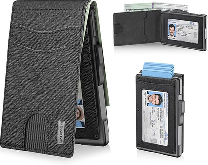 umoven Wallet for Men - Pop Up Case, Cash Slot, and Credit Card Slot - Slim Aluminum Wallet with RFID Blocking, Minimalist Leather Wallet Front Pocket with ID Window (Gravel Black)