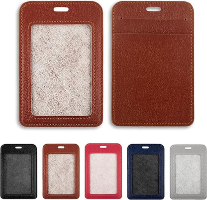 1 Pcs Leather ID Badge Holder - Vertical, Brown, Multiple Card Slots for Offices, Staff, Students, Employees