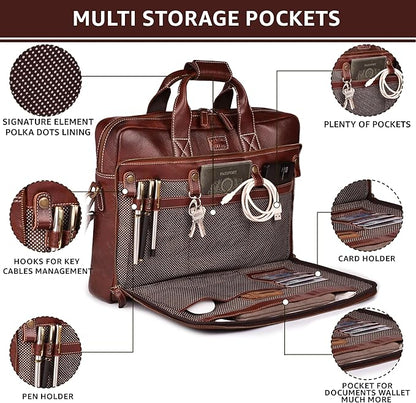 LEATHER VILLAGE 16" Leather Laptop Messenger Briefcase Bag for Men-Leather Satchel for Travel and Office Shoulder Bag-Red Brown
