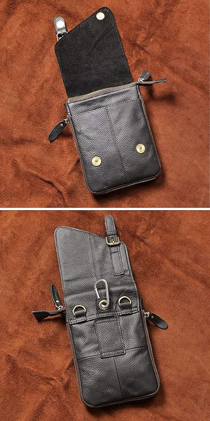 Le'aokuu Mens Genuine Leather Small Messenger Shoulder Satchel Phone Pouch Belt Waist Bag Pack