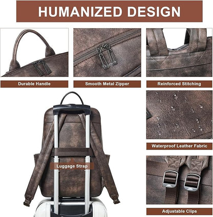 Leather Laptop Backpack for Women, 15.6" Causal Daypack Backpacks Purse Computer Backpack with Laptop Compartment for Travel Work College Business, Coffee