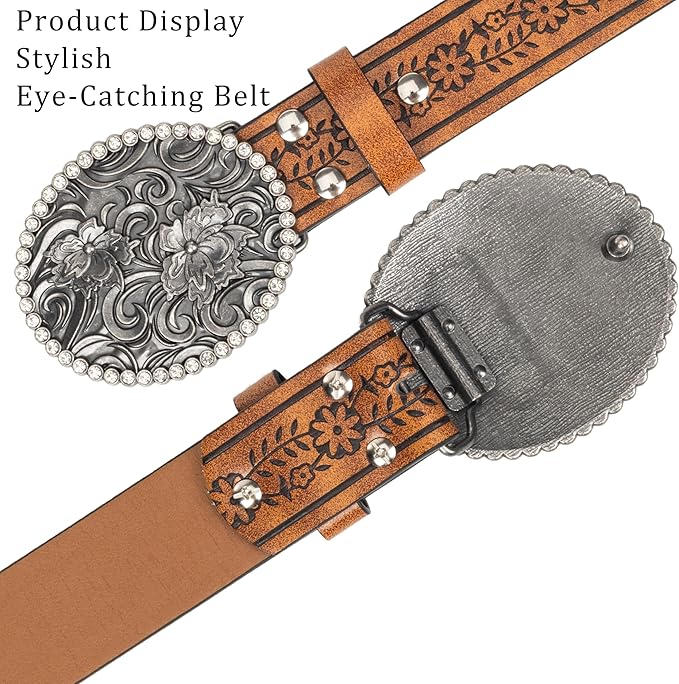 Mealah Vintage Western-Cowboy-Belt for Women Men - Carved Buckle PU Leather Waist Belts (for Waist 28"-38")