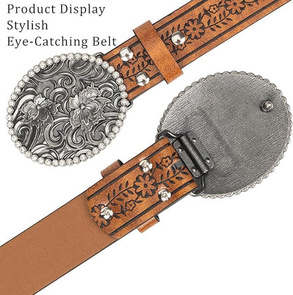 Mealah Vintage Western-Cowboy-Belt for Women Men - Carved Buckle PU Leather Waist Belts (for Waist 28"-38")