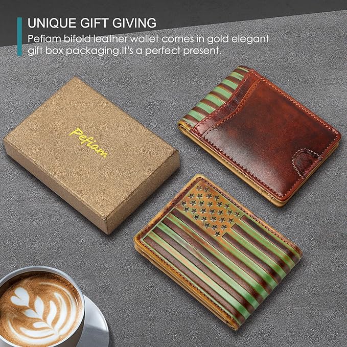 Pefiam Full Grain Leather Bifold Wallet for Men - 12 Slots, RFID Blocking - USA Flag, Brown