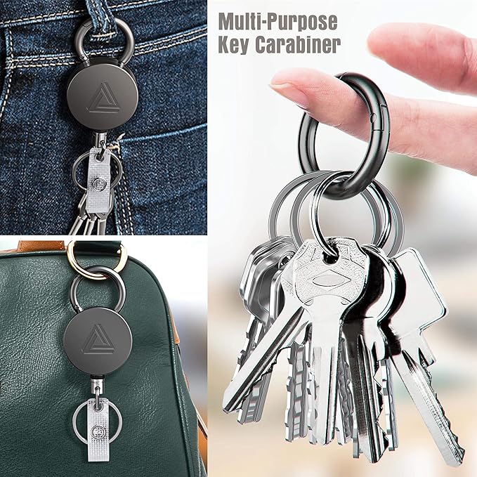 2 Pack Heavy Duty Metal Retractable Badge Holder Reel with Belt Clip Key Ring and Waterproof Vertical Clear ID Card Holder + 2 Extra Carabiner Key Chain Rings, 30 inches Strong Dyneema Pull Cord
