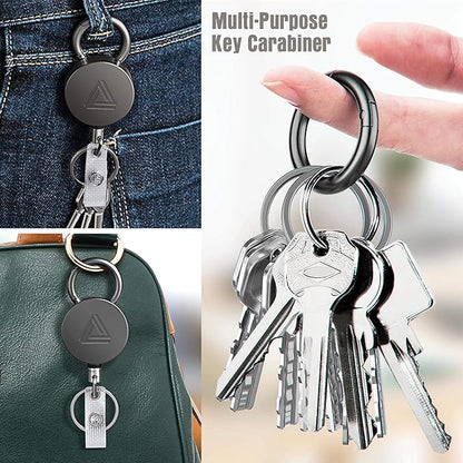 2 Pack Heavy Duty Metal Retractable Badge Holder Reel with Belt Clip Key Ring and Waterproof Vertical Clear ID Card Holder + 2 Extra Carabiner Key Chain Rings, 30 inches Strong Dyneema Pull Cord