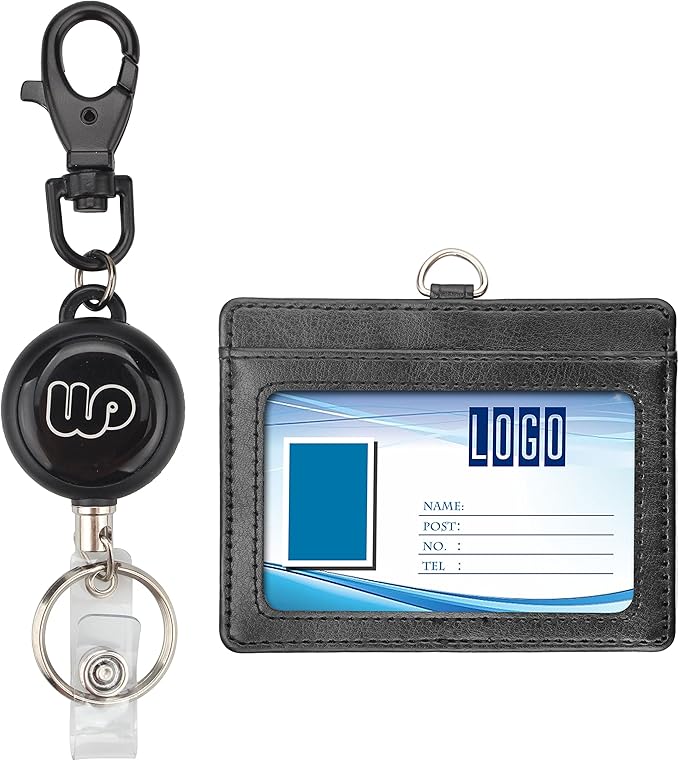 Wisdompro ID Badge Holder with Retractable Keychain, 2-Sided PU Leather Pass Card Holder with 2 Card Slots and Badge Reel for Work, School, Metro, Bus, Access Card - Black, Horizontal
