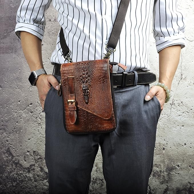 Le'aokuu Mens Genuine Leather Small Messenger Shoulder Satchel Phone Pouch Belt Waist Bag Pack