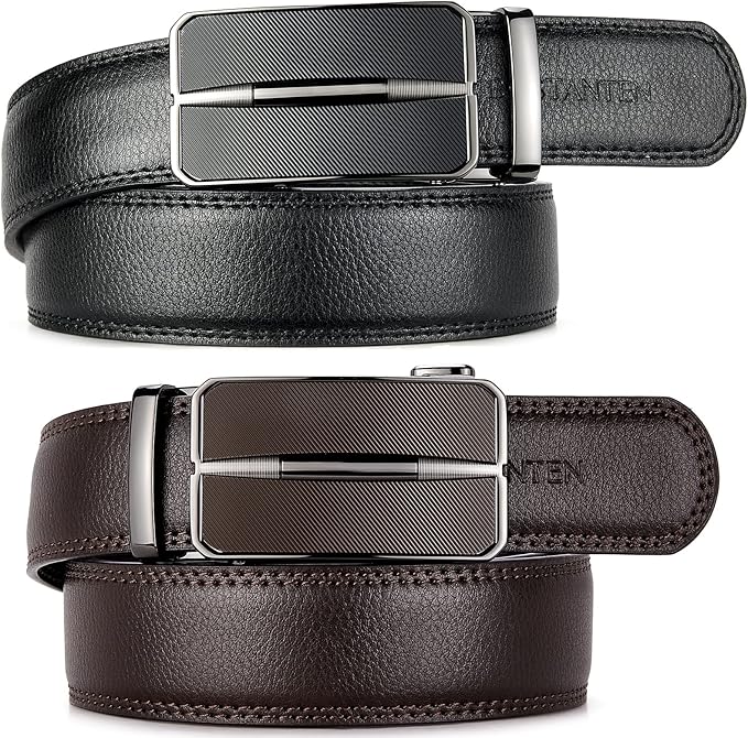 BOSTANTEN Ratchet Leather Belt For Men 2 Pack Dress and Casual with Adjustable Buckle, Trim to Fit