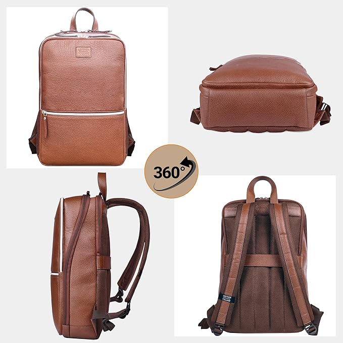 LEATHER VILLAGE Leather Laptop Backpack for Men | Cognac Brown | Slim Professional Business Bag Fits 15.6”-Laptop | Water-Repellent Work & Travel Daypack with Trolley Strap