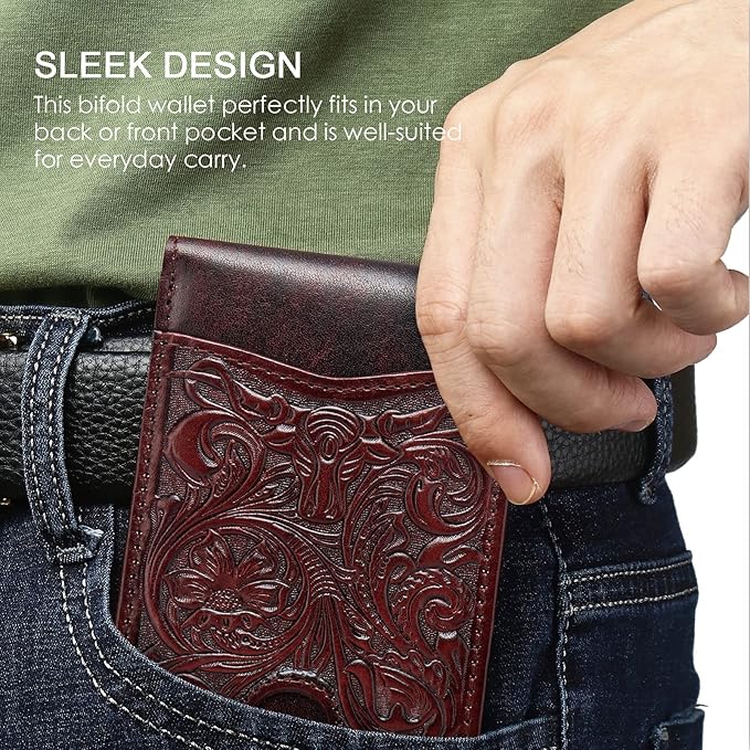 Pefiam Full Grain Leather Bifold Wallet for Men - 11 Slots, RFID Blocking, Gifts for Men - Cowboy Red