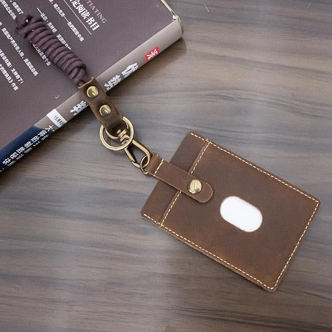 Badge Holder: Boshiho Cowhide Leather ID Badge Card Holder with 19" Neck Lanyard, Vertical Style (Brown)