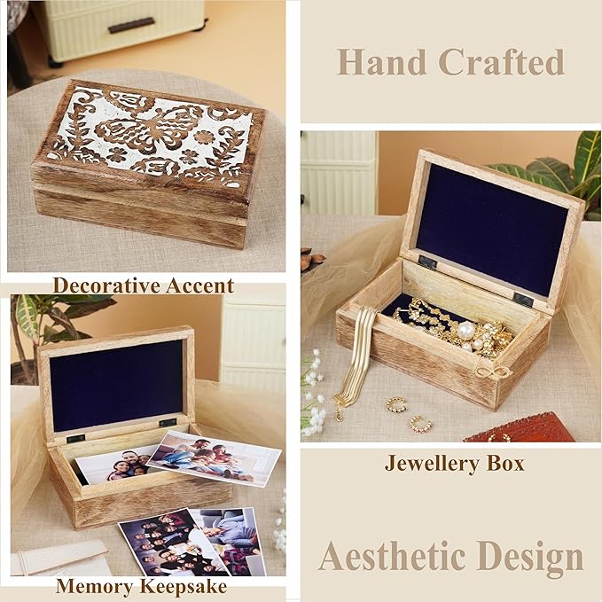 Ajuny Hand-Carved Mango Wood Jewelry Box 8x5 in – Butterfly Design Keepsake & Trinket Organizer, Vintage Decorative Chest with Hinged Lid (White/Brown) – Handmade Gift for Women & Girls