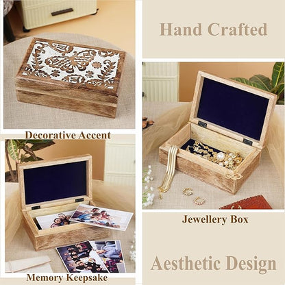 Ajuny Hand-Carved Mango Wood Jewelry Box 8x5 in – Butterfly Design Keepsake & Trinket Organizer, Vintage Decorative Chest with Hinged Lid (White/Brown) – Handmade Gift for Women & Girls