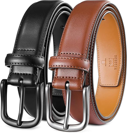 MILORDE Men's Leather Dress Belt 2Pack, Handmade, Genuine Leather, Fashion & Classic Designs for Work Business and Casual