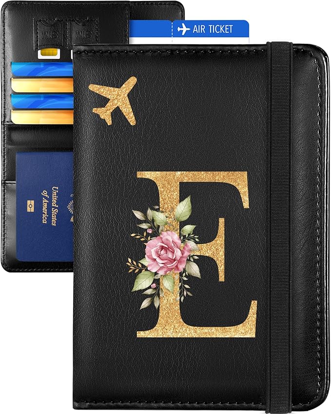 Slohif Initial Passport Holder Cover Wallet Case for Travel Women - Leather Letter Passport Book Family Multiple Personalized Organizer Card Slots Protector Sleeve Essentials Slim Carrier Black E