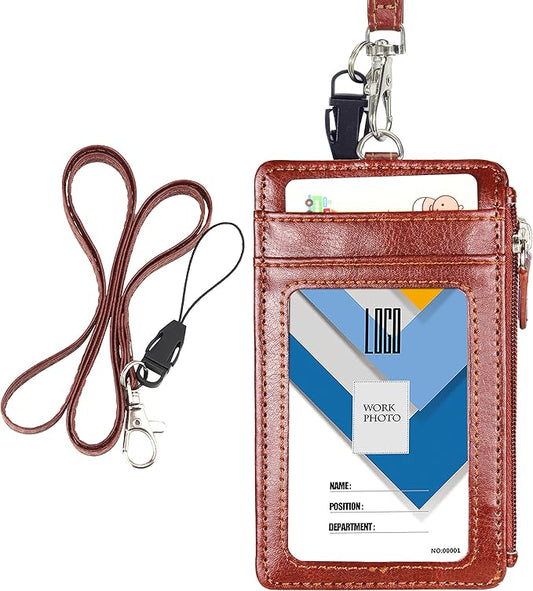Badge Holder with Zip, Wisdompro 2-Sided Vertical Style PU Leather ID Badge Holder with 1 ID Window, 4 Card Slots, 1 Side Zipper Pocket and 1 piece 20 Inch PU Neck Lanyard Strap - Brown