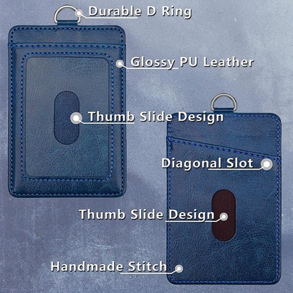 PU Leather ID Badge Holder, Life-Mate ID Badge Holder with 2 Thumb Slide Slots 1 Diagonal Slots Nylon Lanyard for ID Credit Card Business Card in Blue (1 Pack)