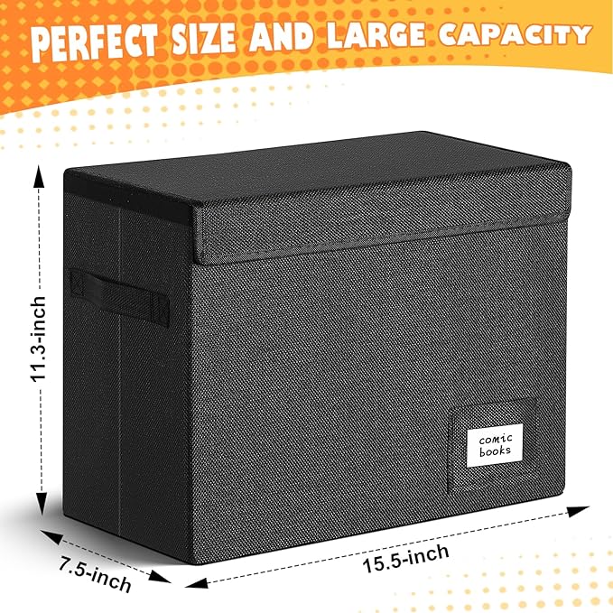 Leffis Comic Book Storage, Box 15.5" X 7.5" X 11.3", Collapsible Comic Short Box with Lids Holds 150 Comics Heavy Duty Comic Book Bin Container (1 pack, black)