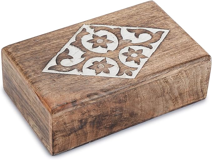 Ajuny Wooden Jewelry Box floral and Diamond Carvings Handmade Decorative Brown and White Storage Box Multipurpose Organizer Trinket Holder Case Unique Gifts for Men & Women
