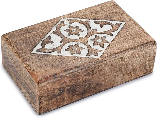Ajuny Wooden Jewelry Box floral and Diamond Carvings Handmade Decorative Brown and White Storage Box Multipurpose Organizer Trinket Holder Case Unique Gifts for Men & Women