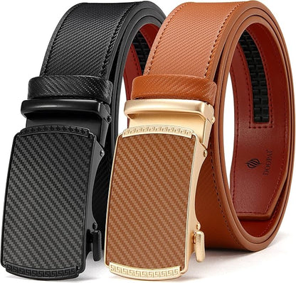 DOOPAI Men's 2 Pack Ratchet Dress Belt - Adjustable 1 3/8" Genuine Leather, Size Length Can Be Cut, With Gift Box