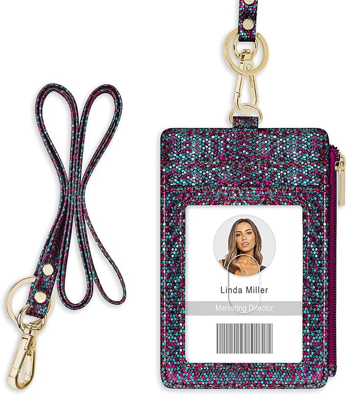 ID Badge Holder with Lanyard, Vertical Bling Shiny ID Badge Card Holder with 1 Clear ID Window, 4 Credit Card Slots, 1 Cash Coin Slot and a Detachable Neck Lanyard (Bling Mermaid)