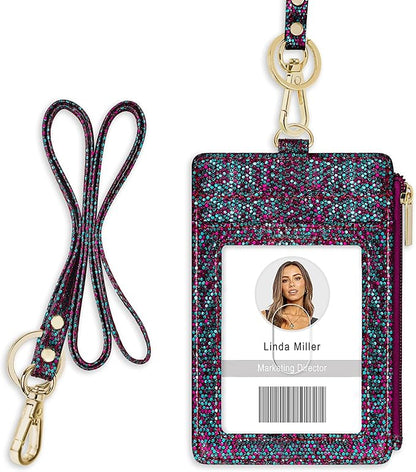 ID Badge Holder with Lanyard, Vertical Bling Shiny ID Badge Card Holder with 1 Clear ID Window, 4 Credit Card Slots, 1 Cash Coin Slot and a Detachable Neck Lanyard (Bling Mermaid)
