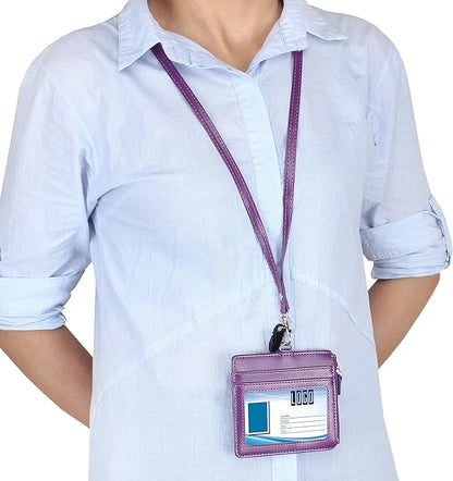 Badge Holder with Zip, Wisdompro 2-Sided PU Leather ID Badge Holder with 1 ID Window, 4 Card Slots, 1 Side Zipper Pocket and 1 piece 20 Inch PU Neck Lanyard Strap - Purple (Horizontal)