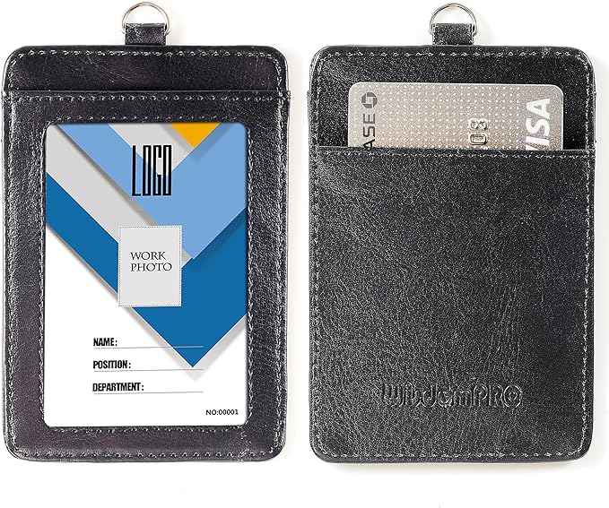 Wisdompro ID Badge Holder with Retractable Keychain, 2-Sided PU Leather Pass Card Holder with 2 Card Slots and Badge Reel for Work, School, Metro, Bus, Access Card - Black, Vertical