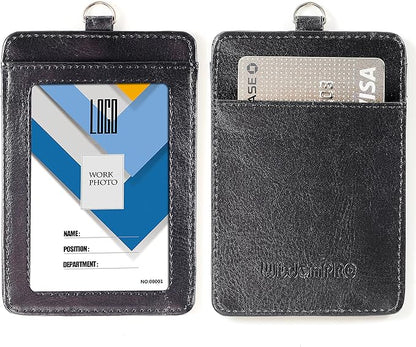 Wisdompro ID Badge Holder with Retractable Keychain, 2-Sided PU Leather Pass Card Holder with 2 Card Slots and Badge Reel for Work, School, Metro, Bus, Access Card - Black, Vertical