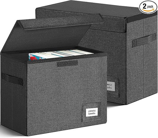Leffis Comic Book Storage, Box 15.5" X 7.5" X 11.3", Collapsible Comic Short Box with Lids Holds 150 Comics Heavy Duty Comic Book Bin Container (2 pack, black)