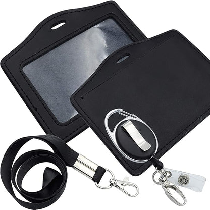 ID Card Case + Lanyard + Badge Holder Retractable Reel Carabiner and Plastic Clip (Genuine Leather Horizontal Black)