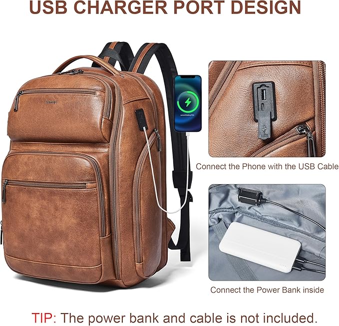 Vegan Leather Backpack, 40L Expandable, TSA Travel Backpack for Men and Women, Fits 17.0 Inch Notebook with Luggage Strap and USB Port, Brown