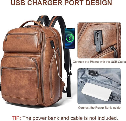 Vegan Leather Backpack, 40L Expandable, TSA Travel Backpack for Men and Women, Fits 17.0 Inch Notebook with Luggage Strap and USB Port, Brown