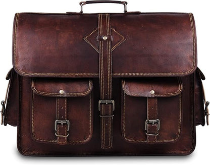 Vintage Leather Laptop Bag for Men Full Grain Large Leather Messenger bag for men 18 inches with rustic look Brown briefcase (Brown)